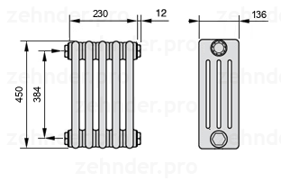 Схема (чертеж) Радиатор Zehnder Charleston 4045/5 №1270 Белый глянцевый RAL 9016